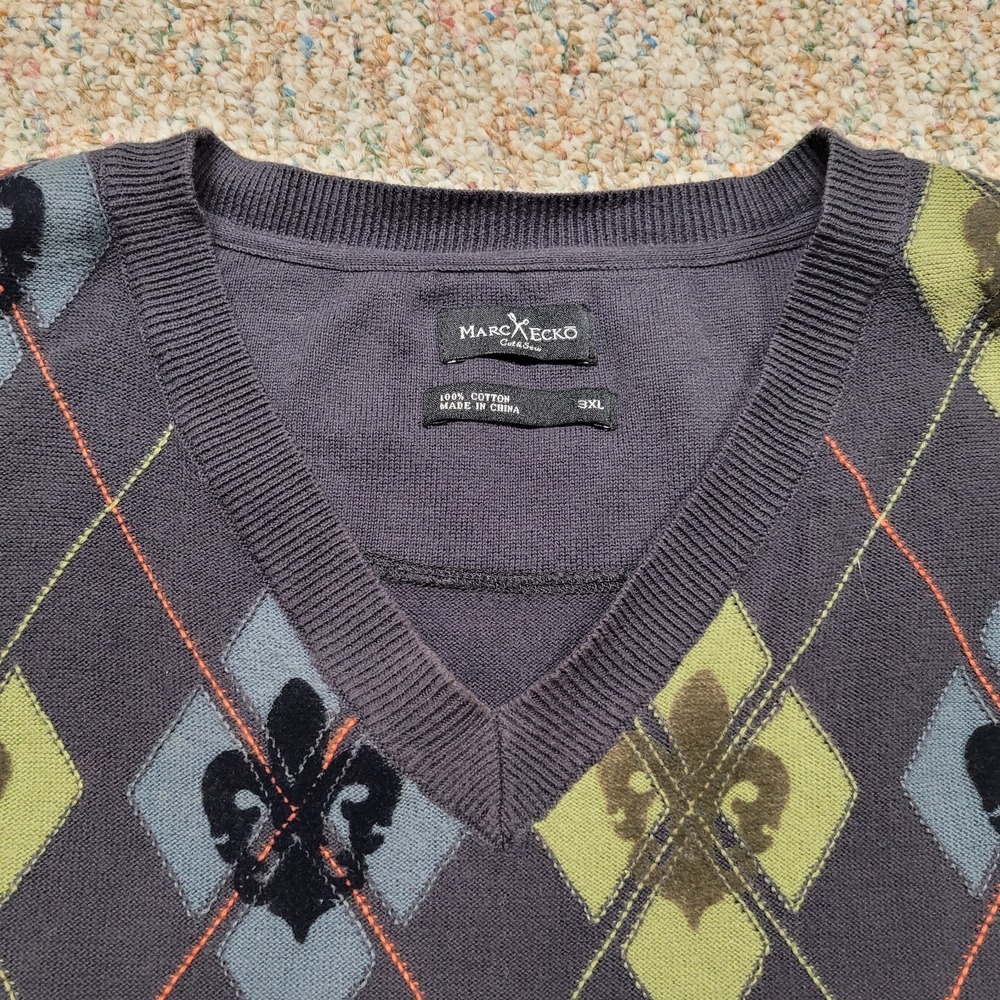 Marc Ecko Sweater Vest Mens 3XL Argyle Preppy Academia Pullover Cotton Cut & Sew - Picture 2 of 13